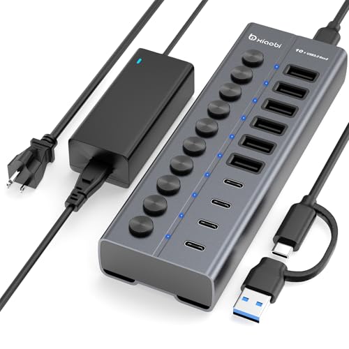 Xiaobi 10 Port USB Hub mit Netzteil 60W - 10Gbps USB 3.2 Gen 2 Hub Aktiv aus Aluminium mit 6 USB-A & 4 USB-C Ports Individuelle EIN/Aus Schalter BC1.2 Schnelladung f&uuml;r MacBook, PC, Laptop