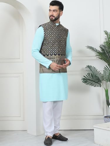 Image of SOJANYA (Since 1958 Men's Cotton Linen Maroon Kurta and White Pyjama with Mustard Cotton Nehru Jacket