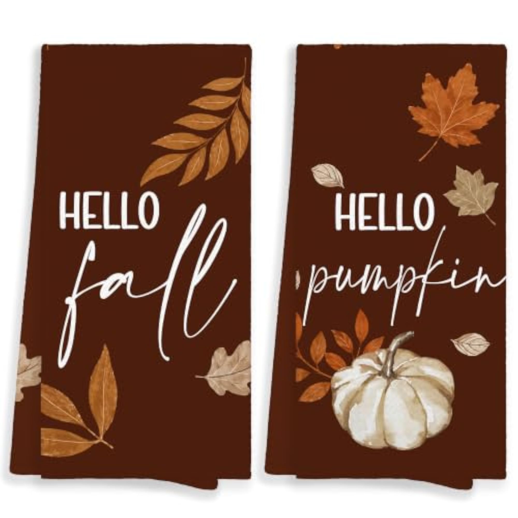 Hello Fall Rustic Leaf Pumpkin Kitchen Towels Set of 2