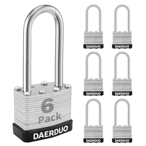 Image of 6 Pack 40 mm (1-9 /16 inch) Keyed Alike Laminated Padlocks with 12 Keys, Hardened Steel Long Shackle, Heavy-Duty Locks for Gym Lockers, Toolboxes, School Lockers, and Hasp Latches