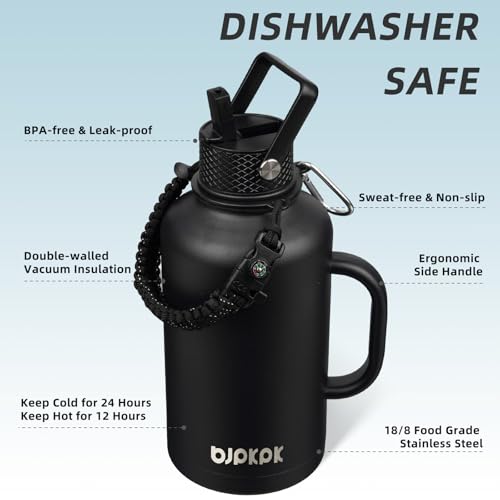 Image of BJPKPK Half Gallon Insulated Water Bottles with Straw Lid & Side Handle, 64oz Large, Stainless Steel Water Bottles with 3 Lids and Paracord Strap, Metal Water Jug,Black
