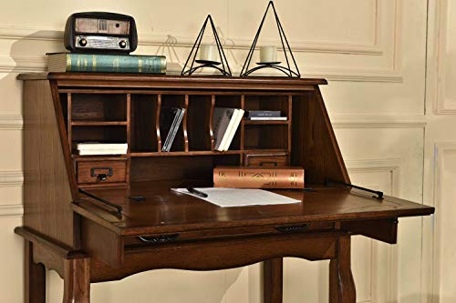 Secretary Desk Solid Oak Wood Drop Front Desk With Drawer Sturdy Curved Cabriole Legs 32"Wx17"Dx42"H Laptop Desk Burnished Walnut Finish For Small Office, Kitchen, Family Room, Bedroom #TOP2