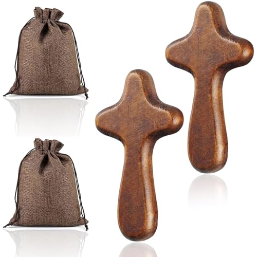 UOSIWYA 2PCS Wooden Cross, Olive Wood Holding Cross 10cm with Woven Linen Pouch Hand Pine Crucifix Portable Held Crosses for Religious Christian Prayer Meditation (Brown)