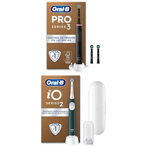 Oral-B Pro 3 3000 Cepillo de Dientes Eléctrico con Mango Recargable y 3 Cabezales, Negro + Oral-B iO 2 Cepillo de Dientes Eléctrico Verde Bosque