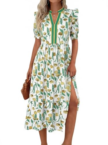 Image of Wenrine Womens Summer Midi Dress Casual Floral Puff Short Sleeve V Neck Swing Flowy Boho Beach Dresses with Pockets