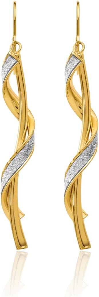 14K Yellow Gold Spiral Glitter Dangle Drop Earrings Polished Long French Wire For Women Gift Occasion 60mm - Image 5