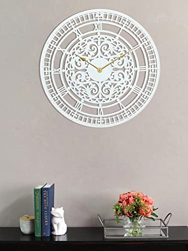Image of CHRONIKLE Classic Round Analog Metal Roman Numbers Silent Wall Clock for Living Room Home Decor Office Gifts (Size: 54 x 1 x 54 CM | Weight: 1380 Gram | Color: White)