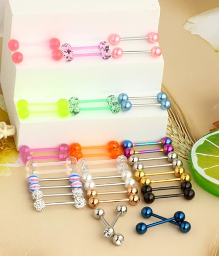 Suotarn 40pcs 14G Tongue rings For Women Stainless Steel Straight Tongue Barbell UV Acrylic Plastic Tongue Piercing Jewelry Nipple Piercings 5/8" Glow in Dark Flexible Retainer Body Jewelry for Men2