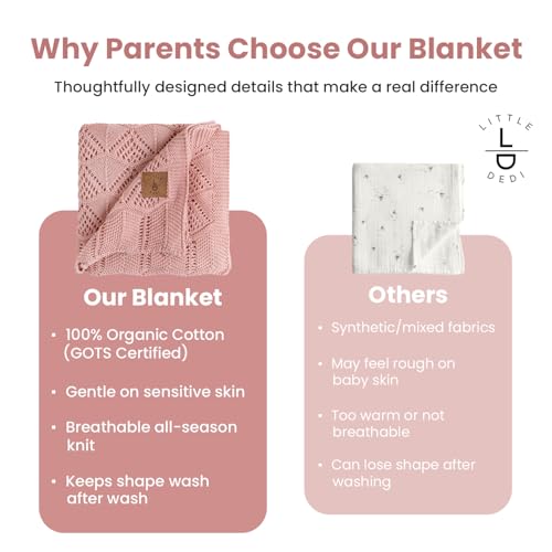 Image of Emily Design 100% Organic Cotton Baby Blanket 80 x 100 cm Pink - GOTS Certified, Soft Swaddling Cloth, 80 x 100 cm, Gender Neutral, Newborn Cuddly Blanket