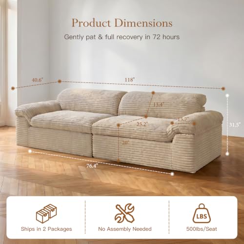 Image of Vesgantti 118 inch Boneless Couches for Living Room, Cloud Sectional Couch & Deep Seat, 3 Seater Comfy Corduroy Modular Sofa, Modern Slouch Couch, No Assembly Required, Beige