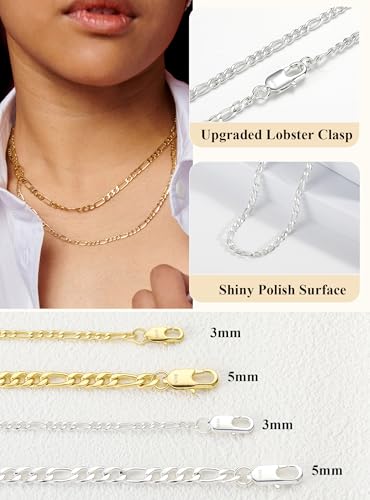 Avotto S925 Sterling Silver Figaro Chain Necklace for Women Girls 3mm/5mm Thick Sturdy & Colourfast Women's Chain Necklaces Jewelry for Women Girls 14/16/18/20/22/24/Inch4