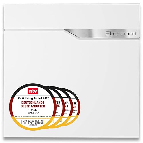 Metzler Moderner Briefkasten Weiß Ebenhard - Wandbriefkasten inkl. Zeitungsfach - in RAL 9016 Verkehrsweiß - Postkasten mit Namensschild aus V2A Edelstahl - Postkasten, Größe: 37 x 37 x 10,5 cm