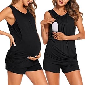 Ekouaer Women Maternity Nursing Pajama Set Breastfeeding Double Layer Pregnancy Pjs Set Sleeveless Top & Shorts with Pockets