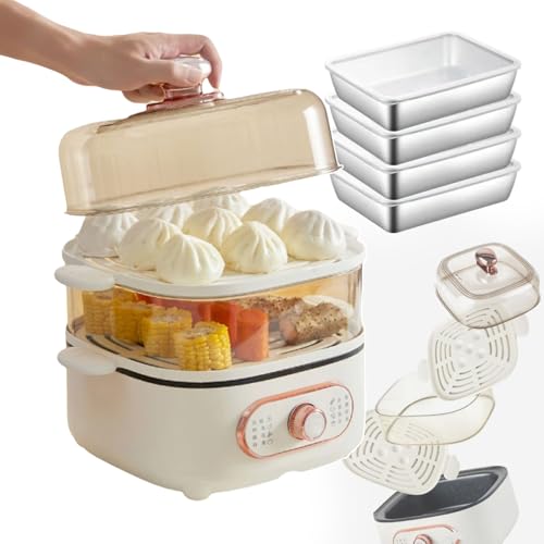 forplubossmmp Cuiseur Vapeur Électrique De 10,5 L avec 4 Compartiments, Marmite Électrique Et Chauffe-Plats avec Revêtement Antiadhésif, Cuiseur Vapeur À 2 Niveaux pour 2 À 3 Personnes, Ragoûts