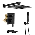 SHAMANDA Shower System with Waterfall Tub Spout and Handheld Shower Head, 12" Rain Shower Faucet Sets Complete with Shower Round-in Valve and Trim, Wall Mounted, Matte Black, L1001-7