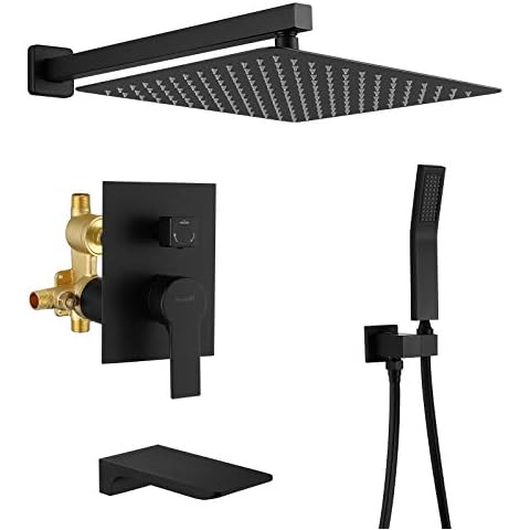 SHAMANDA Shower System with Waterfall Tub Spout and Handheld Shower Head, 12" Rain Shower Faucet Sets Complete with Shower Round-in Valve and Trim, Wall Mounted, Matte Black, L1001-7 Cover