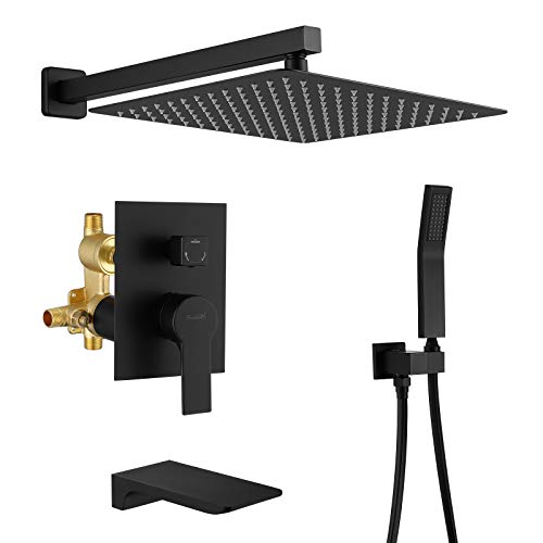SHAMANDA Shower System with Waterfall Tub Spout and Handheld Shower Head, 12" Rain Shower Faucet Sets Complete with Shower Round-in Valve and Trim, Wall Mounted, Matte Black, L1001-7