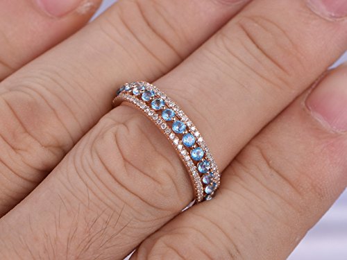 3Pcs Blue Topaz Engagement Ring Set 3 Row Wedding Ring 14K Rose Gold Diamond Stacking Band Promise Rings #TOP3