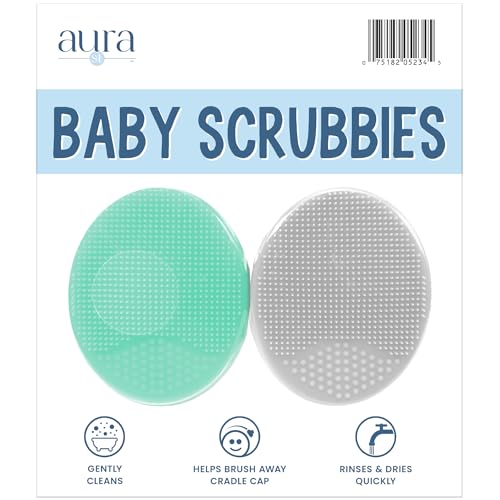 Image of S&T INC. Exfoliating and Massaging Cradle Cap Bath Brushes for Baby, Silicone - 2 Inch x 2.5 Inch, Grey and Teal, 2 Pack
