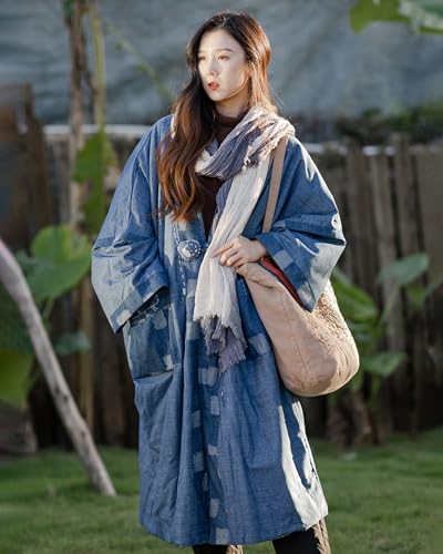 FioraMosaic Women’s Long Denim Quilted Kimono Coat, Open Front Winter Padded Oversized Robe Jacket with Wide Sleeves & Big Pockets(US, Alpha, One Size, Regular, Regular, Blue)