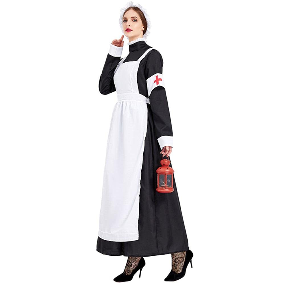 Nun pielęgniarka kostium z fartuchem czapka mankiet pierścień cosplay Halloween Boże Narodzenie przyjęcie strój dla kobiet (XL)
