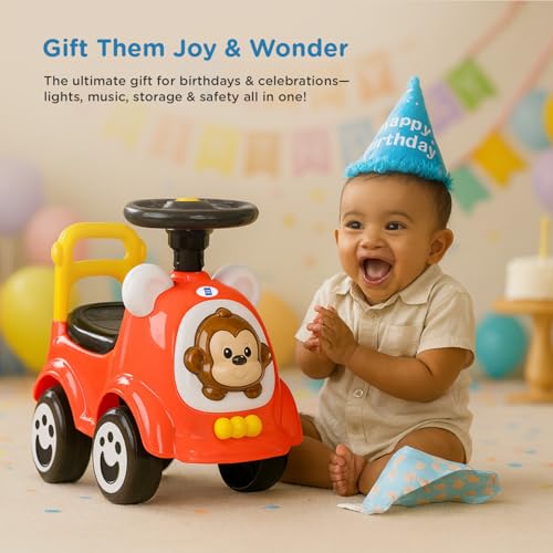 Image of Mee Mee Safari Cruze Ride on for Kids with Light Button,Music & Horn Steering, Push Car for Baby with Backrest, Safety Guard, Under Seat Storage & Big Wheels, Ride on for 1-3 Yrs Upto 25 Kgs (Red)