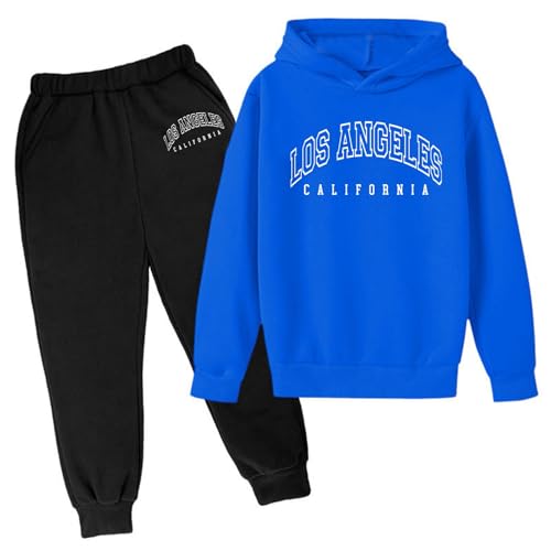 Conjunto de sudadera con capucha de invierno para niños, con estampado popular, conjunto de sudadera con capucha en ropa interior, estampado de letras casuales, manga larga, ropa exterior, azul, 12-13