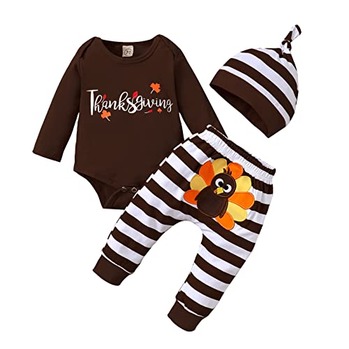 Image of TOKIAGO Thanksgiving Baby Boy Outfit My First Turkey Day Newborn Romper Infant Clothes Gift Long Sleeve Pants Hat 3Pcs
