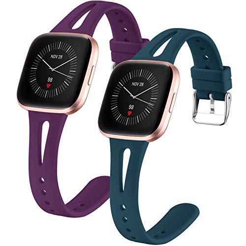 Dirrelo 2 Pack Correa Compatible with Fitbit Versa/Fitbit Versa 2/Fitbit Versa Lite/Fitbit Versa SE Correa Pulsera, Delgado Deporte Respirable Silicona Reemplazo, Ciruela+Pizarra S Cover