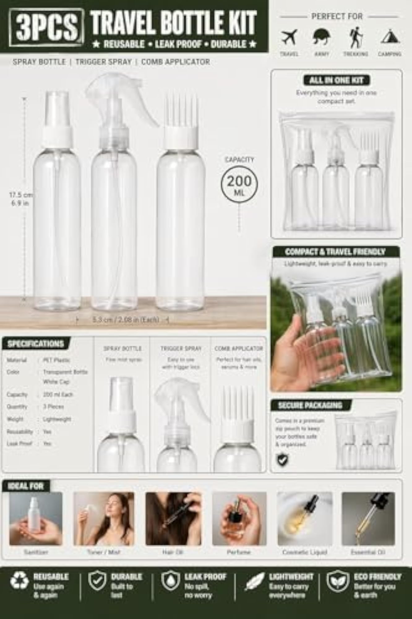 Transparent 200 ml Refillable Plastic Spray Bottles Set