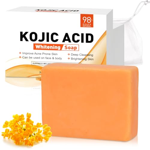 Kojic Acid Soap, Turmeric Soap Bar, Original Vitamin C Soap Bar, Acid Remove Blackheads Dark Spot, Acid for Deep Cleansing, Gentle Soap for Face and Body Moisturizing, with A Foaming Net