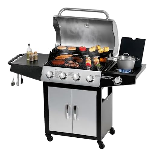 MASTER COOK 4 Burners Gas Grill, 52,000 BTU Cabinet Grill, Propane Grill, with Side Burner, Built with Stainless Steel, Silver&Black