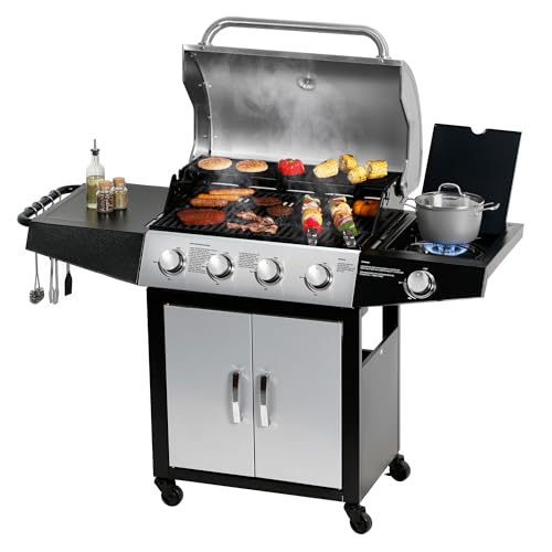 Master Cook 4+1 Burners Gas Grill, 518 Sqin Cooking Area, 52,000 Btu Propane Grill With Side Burner, Stainless Steel Cabinet Grill, Silver &Amp; Black