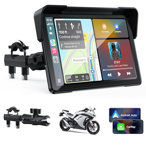 Volam Schermo Carplay per Moto con Senza Fili CarPlay & Android Auto, 7 Pollici Touchscreen Autoradio Portatile per Motocicletta con Navigazione, Doppio Bluetooth