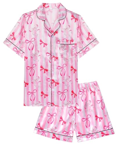 Sylfairy Girls Pajamas Silk PJS Set Pink Bow Satin Sleepwear Short Sleeve Jammies for Kids Button-Down Nightwear Loungewear size 9-10 Pink Strip Butterfly