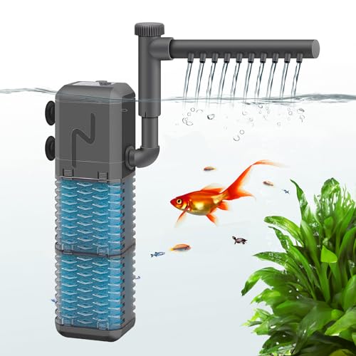 Esenlong 4 in 1 Fish Tank Filter with Adjustable Water Flow, 800L/ H Internal Aquarium Filter Oxygen Pump with Spray Bar, 9W Silent Submersible Filter for Small Tank Up to 200 Litres