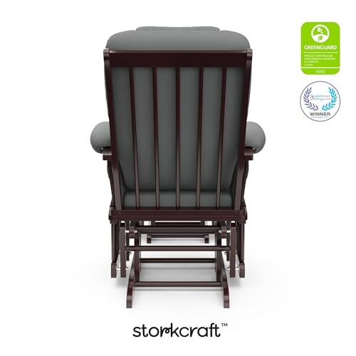 Image of Storkcraft Tuscany Glider and Ottoman with Lumbar Pillow, Espresso /Gray | GREENGUARD Gold Certified, Bonus Lumbar Cushion Included, Solid Wood Base, Smooth Motion, Award-Winning Nursery Rocking Chair