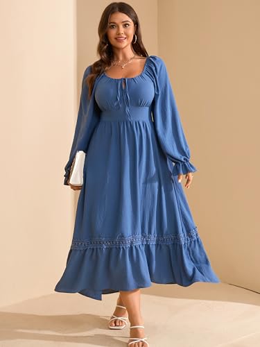 RWJ Women's Plus Size Fall Dresses Long Sleeve Square Neck Flowy Lace Trim Flutter Wedding Guest Party Casual Dress2