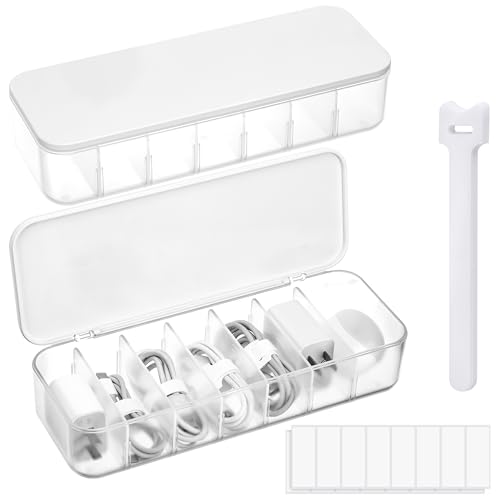 Zocipro 2 Stück Kabel Aufbewahrungsbox, Transparent Kabel Organizer Box, Kabelaufbewahrung Box mit 7 Fächer und 14 Kabelbindern, Kabelorganizer Box für Ladekabel Aufbewahrung auf dem Schreibtisch
