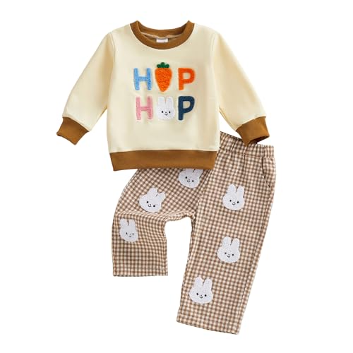 JLKGICF Baby Boy Easter Outfit Long Sleeve Carrot Rabbit Embroidery Sweatshirt Plaid Pants Set...