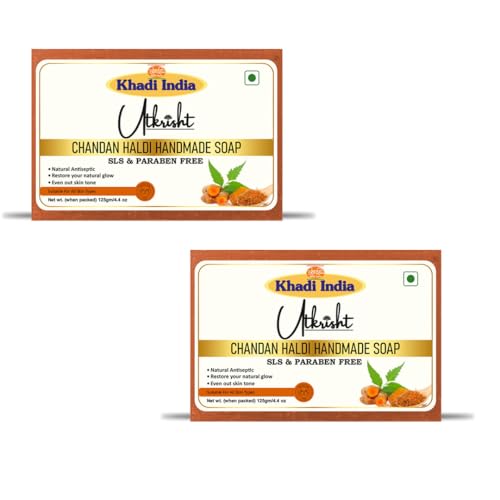 Image of Khadi Chandan Haldi Handmade Bathing Soap Bar 125g (Pack of 2 | Natural & Herbal Anti-Aging Soap for Glowing Skin | Fades Dark Spots & Pigmentation | Reduces Acne & Pimples |All Skin Types