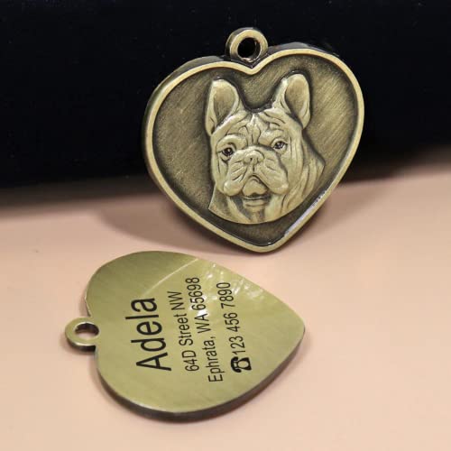 Vintage Retro Heart Shape Customizable Engraved Pets Id Tag For Dog Cat Bronze Nameplate Tags Personalized Anti-Lost Address Number Dogs Collar Id Pendant (French Bulldog) #TOP4