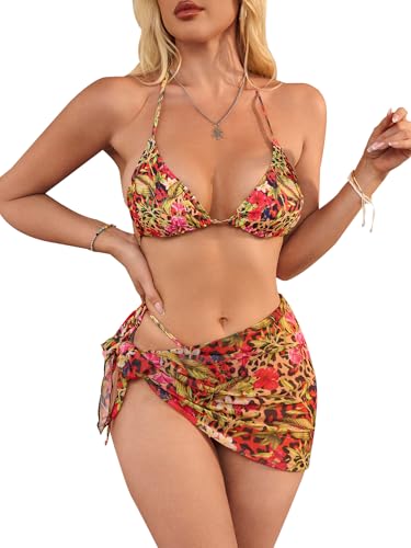 SOLY HUX Women's 3 Piece Swimsuits Print Halter Triangle Tie Side Bikini Bathing Suit with Cover Up Beach Skirt