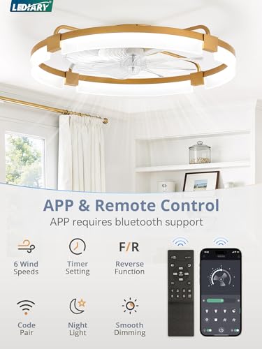 Image of LEDIARY 24 inch Ceiling Fans with Lights and Remote, Modern Low Profile Ceiling Fan, 3 CCT, Stepless Dimmable, Fandelier Flush Mount Fan Light, 6 Speeds, DC Motor, App & Remote Control for Bedroom(Gold)