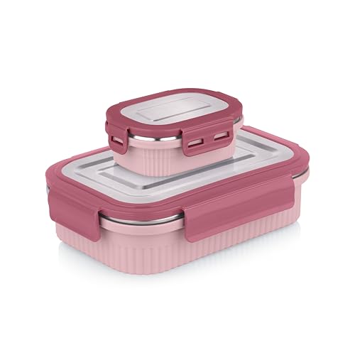 Image of ATTRO Micro Smart Stainless Steel Lunch Box with Inner Steel Body, Microwave Safe Without Lid, Airtight Leakproof with Small Container for Office, School Kids & Outdoor Use - 800ml+180ml-Peach