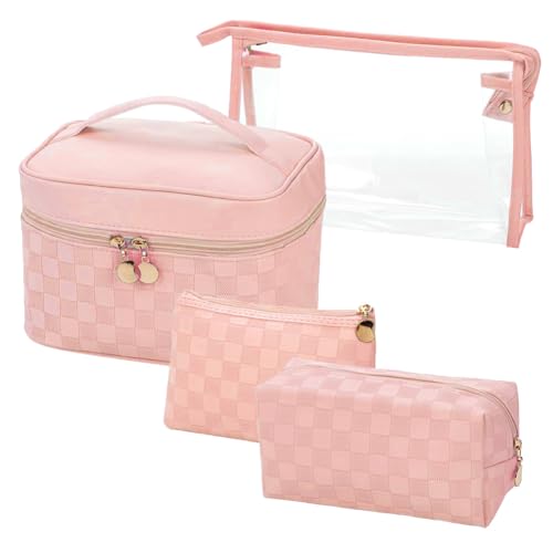 jiffordwind Checkered Makeup Bag 4 Pcs Waterproof Cosmetic Bag Set Portable Travel Cosmetic Bag Multifunction Organizer Storage Bag Toiletry Bag forWomen and Girls (PINK)