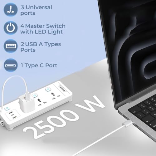 Image of EMBOX Extension Board 5 Meter with USB Type C| Extension Board with Switches 3 Universal Sockets Spike Guard | LED Indicator 2500W Extension Cord