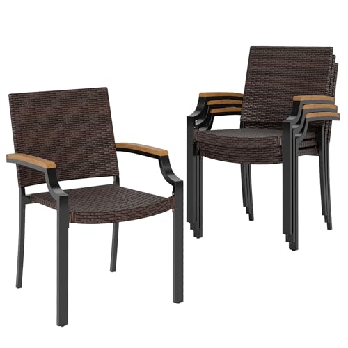 Image of Tangkula Stackable Patio Wicker Dining Chairs Set of 4, Outdoor Rattan Chairs with Acacia Wood Armrests & Metal Frame, 400 lbs Max Load, Space-Saving Outside Chairs for Backyard, Porch, Deck & Garden