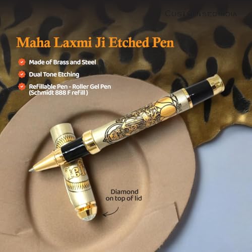Image of Maha Laxmi Ji Etched Pen Diwali Special Premium Brass Roller with Divine Lakshmi Engraving & Prosperity Blessings