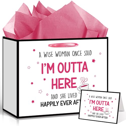 Retirement Gift Bag Wise Women Pink Retirement Gift Wrapping Paper Bag with Tissue Paper Card Retired Leaving Gift for Mom Wife Teacher Office Coworker Going Away Farewell Party Supplies Decorations